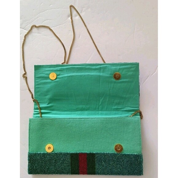 Seed Bead Clutch Bag Blue Red Green Gold Chain Detachable Strap Snap Close - Picture 7 of 10